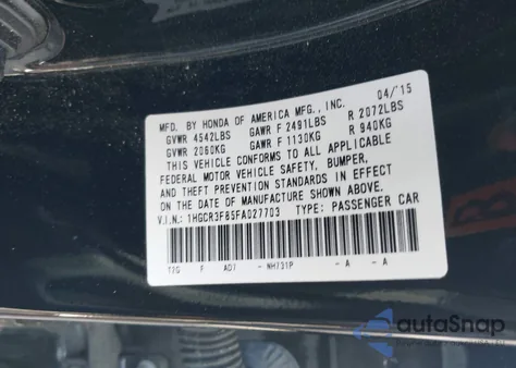 2015 Honda Accord Ex-L V-6 from USA, damaged, VIN 1HGCR3F85FA027703